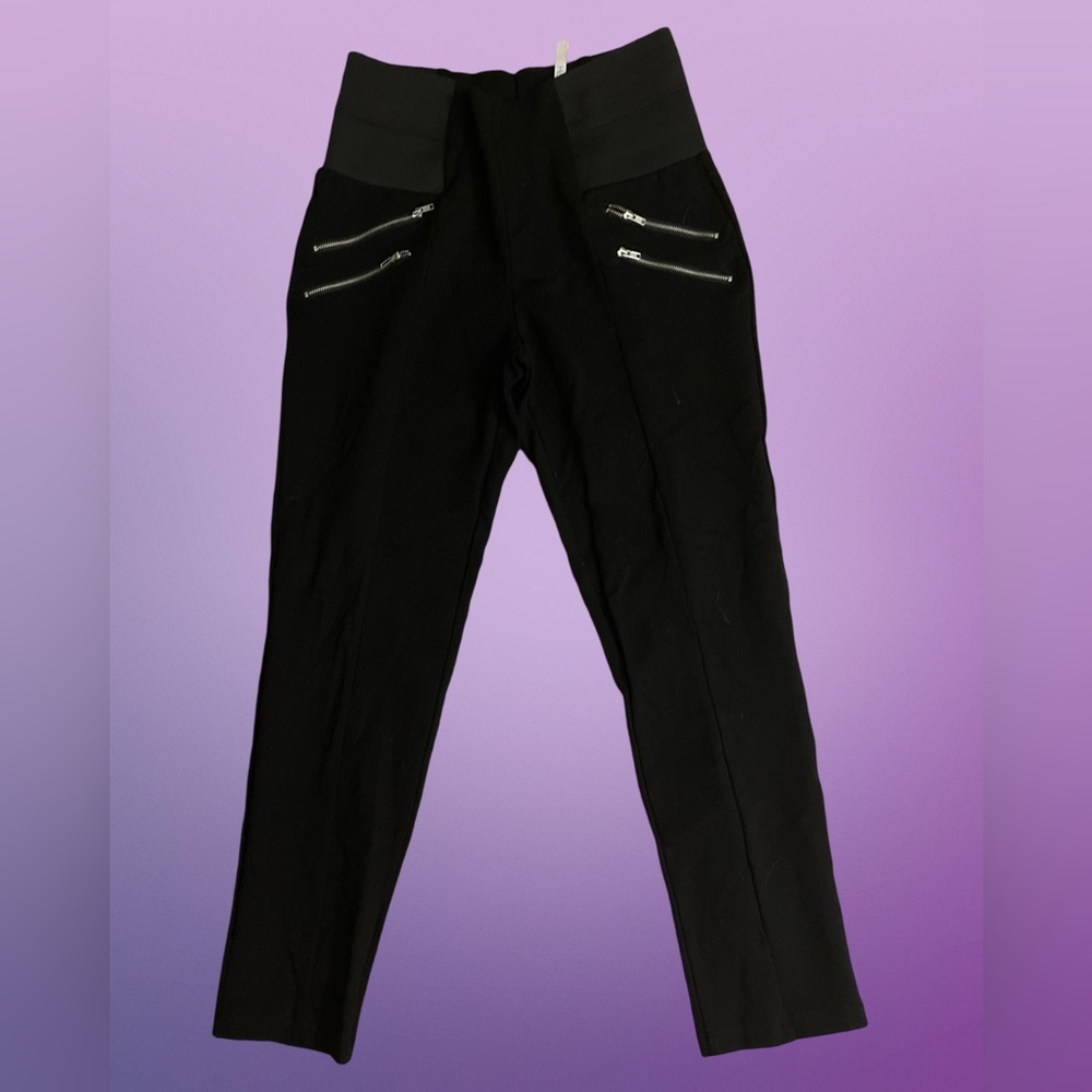 Chic Black Stretch Pants w/ Faux Zippers & Snatched Waistband - Comfortable Fit